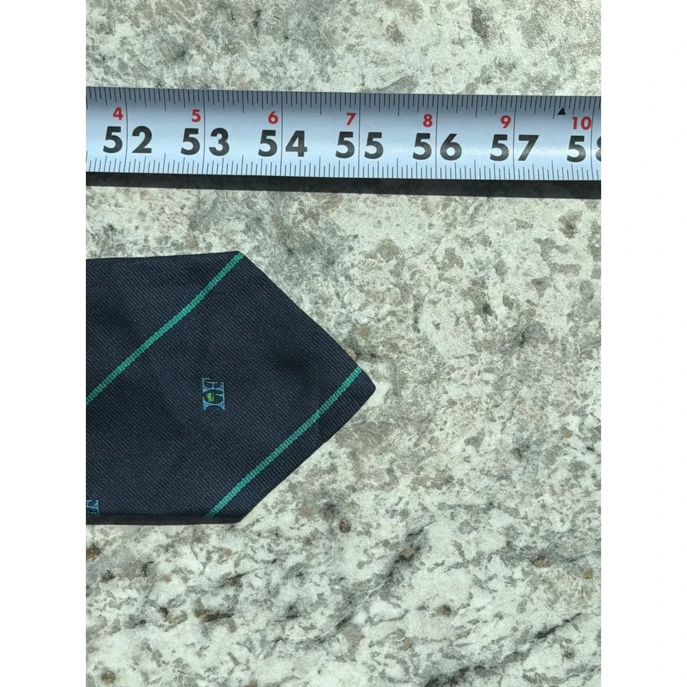 Wm Chelsea Ltd Mens Navy Blue Green Striped LF Crest Logo Silk Tie Scarsdale NY